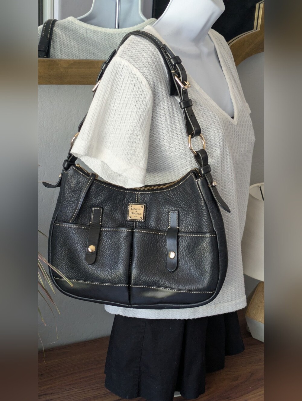 Dooney & Bourke Black Pebbled Leather Hobo Shoulder Bag.